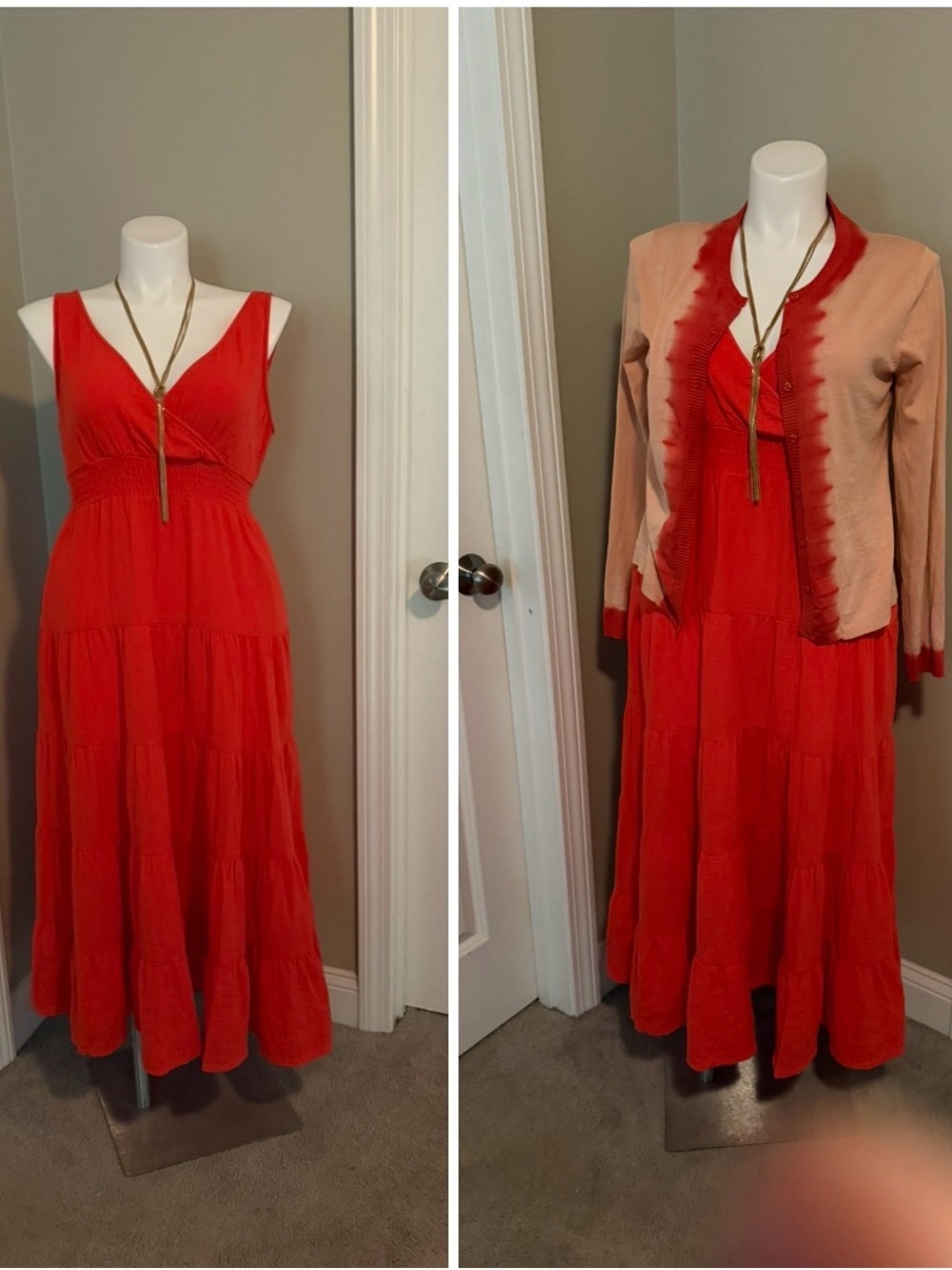 Coral V-Neck Tiered Maxi Dress (L) with Cardigan/Shell (XL),Earrings & Necklace